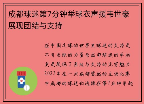 成都球迷第7分钟举球衣声援韦世豪 展现团结与支持