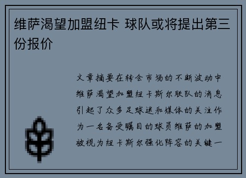 维萨渴望加盟纽卡 球队或将提出第三份报价