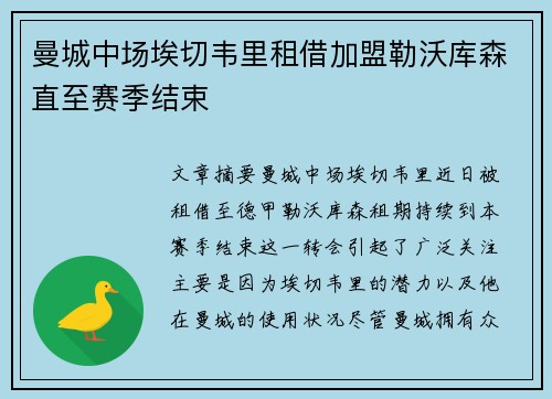 曼城中场埃切韦里租借加盟勒沃库森直至赛季结束