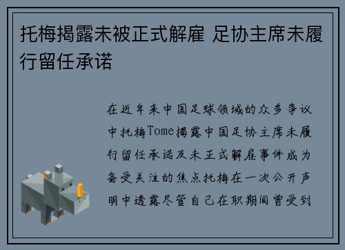 托梅揭露未被正式解雇 足协主席未履行留任承诺